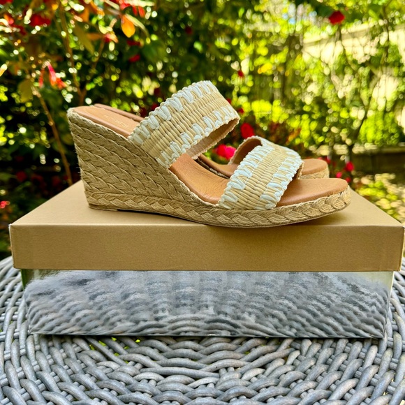 Andre Assous Nolita Raffia Wedge Slide Sandal Beige White Sz 7 - Picture 2 of 11